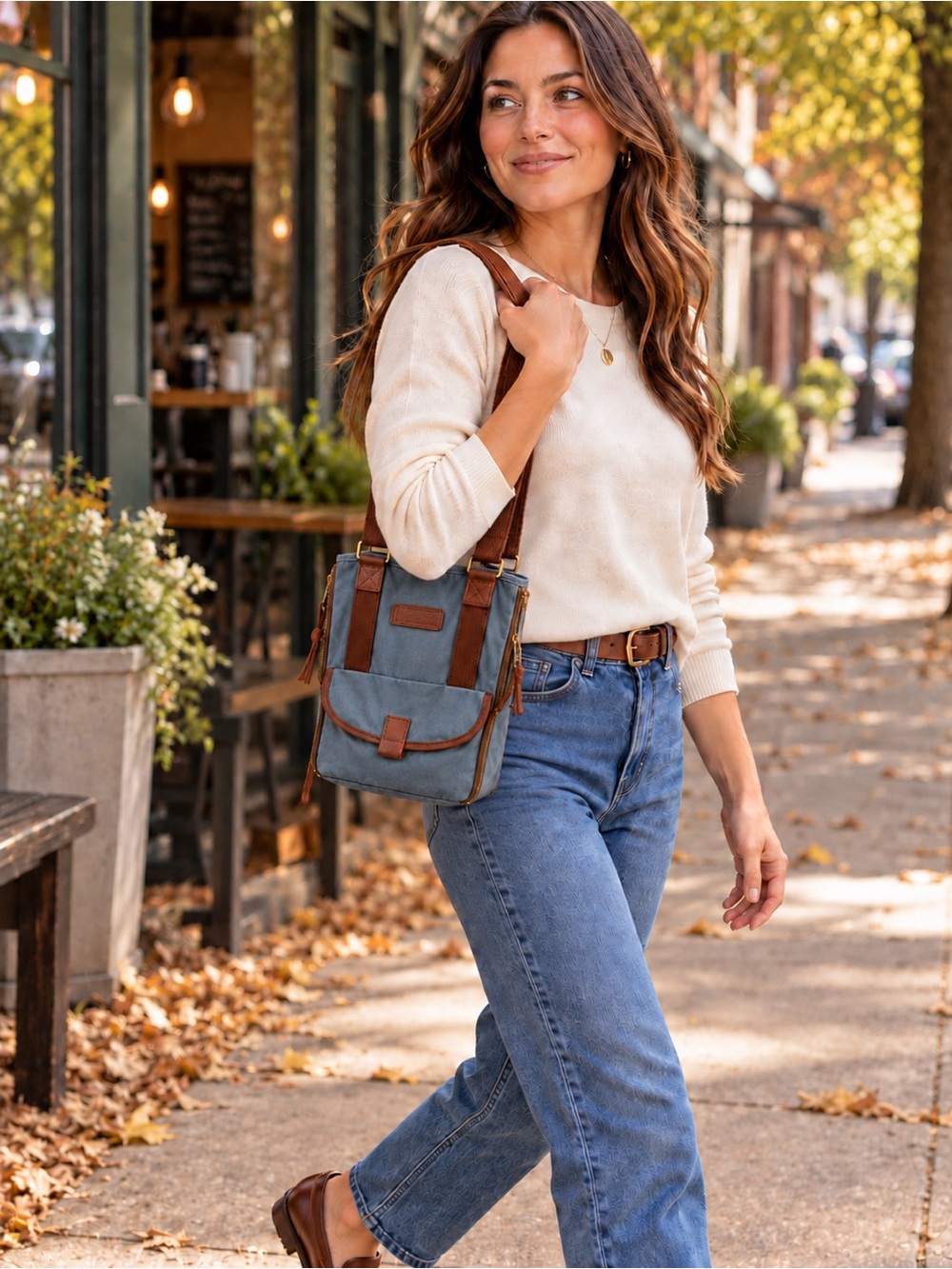 Duluth Trading Co. Blue Gray Canvas Tote Brown Trim Organizer Bag